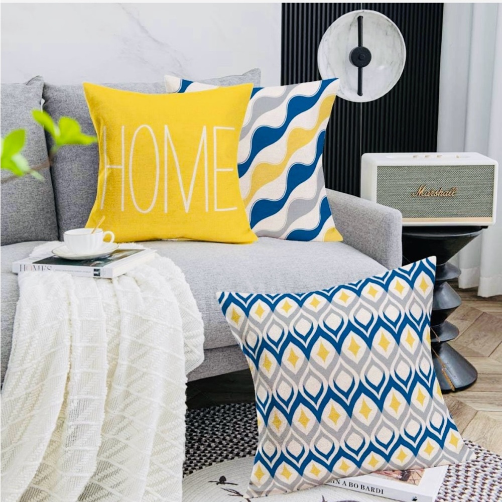 Geometric Set of 4 Throw Pillow Covers Blue Yellow Grey NEW - Picture 3 of 12